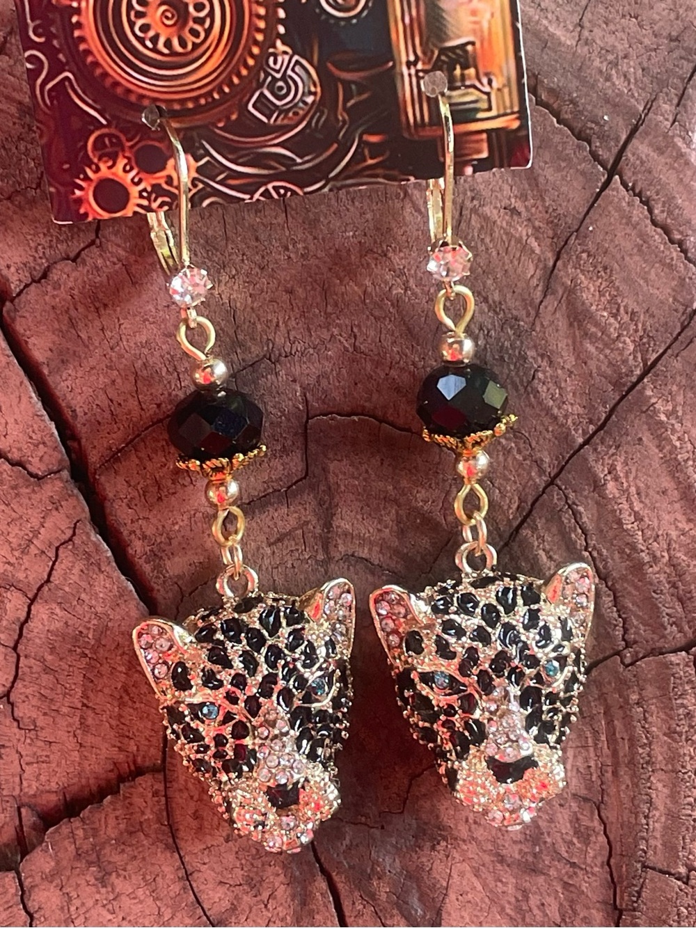 Hand Crafted Gold Leopard Head Drop Earrings with Black and Green Accents - Picture 7 of 8